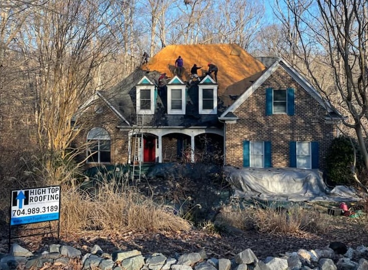 Roof repair on a home in Weddington, NC, being installed by High Top Roofing in 2025.